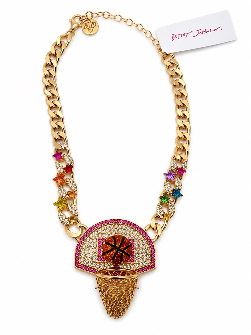 Betsey Johnson Gold Tone Curb Chain Basketball Hoop Charm Pendant Necklace NWT